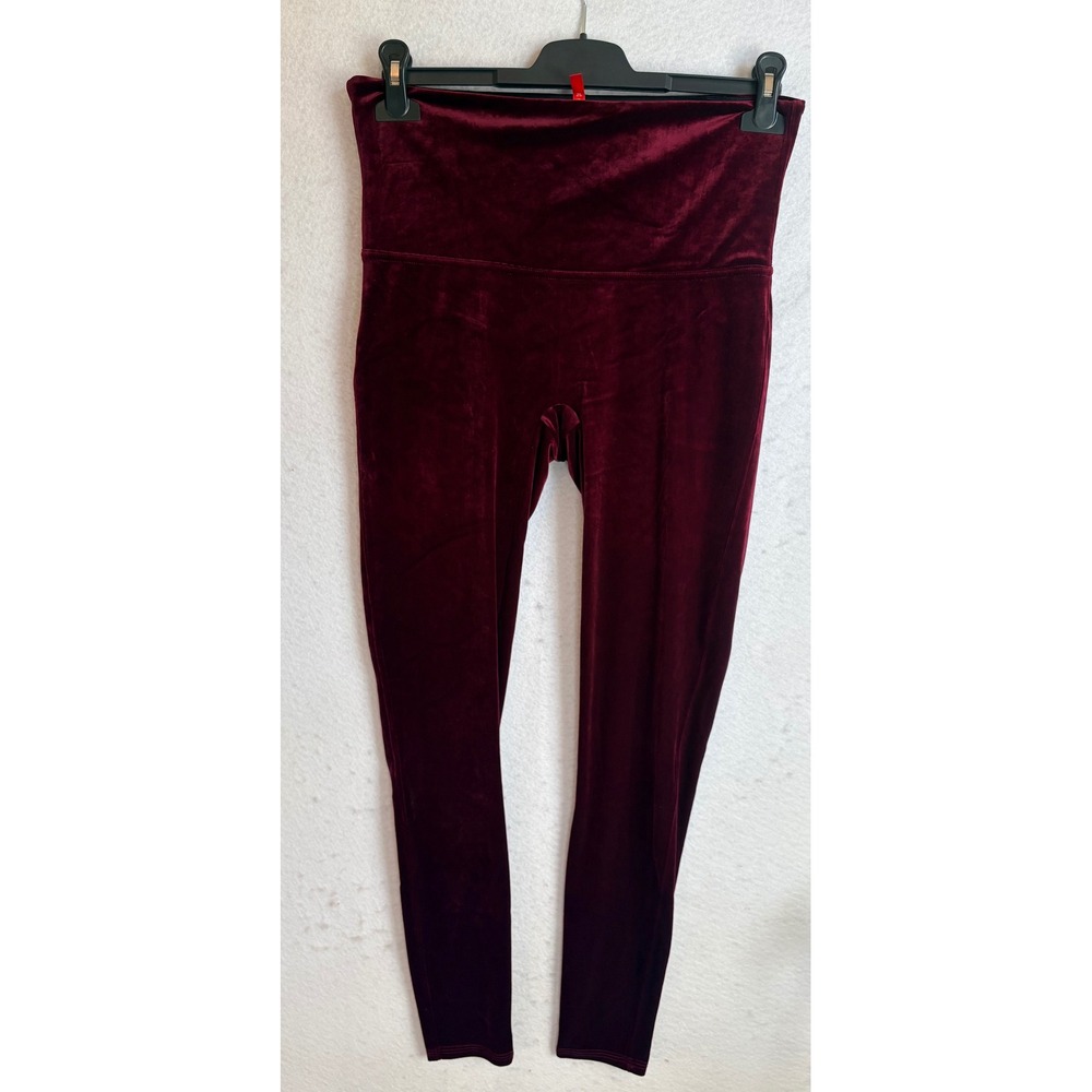 Spanx Women Burgundy Velvet High Rise Leggings Size XL Wine Red Slimming Luxe